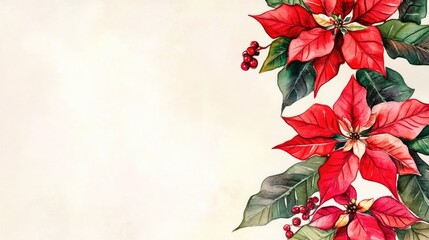 Wall Mural - Watercolor Christmas Frame Featuring Poinsettia on a Light Background