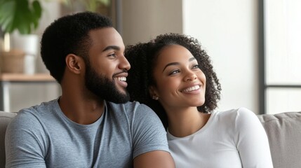 Canvas Print - A man and woman sitting on a couch smiling at each other, AI