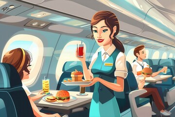 Aufkleber - A flight attendant attentively serves meals and drinks to passengers seated comfortably on a bustling airplane, creating a welcoming atmosphere. Generative AI