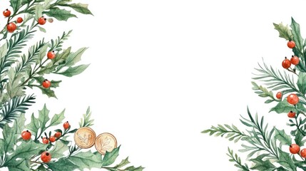 Wall Mural - Watercolor corner wreath featuring green fir branches coins rosehips and holly flowers Ideal for greeting cards and invitations set against a white background