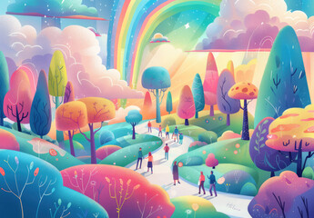 Wall Mural - A vibrant and colorful landscape filled with rainbows, trees of various shapes and sizes, and clouds in the sky.