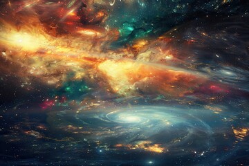 Wall Mural - Colorful and detailed space painting with bright stars and galaxies.
