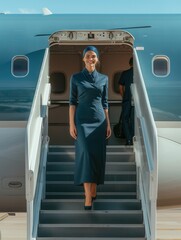 Aufkleber - A flight attendant gracefully exits an aircraft at a busy airport, smiling as she descends the steps under clear blue skies. Generative AI