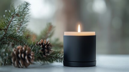 Wall Mural - A candle is lit in a black container with pine needles on top