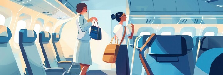 Aufkleber - Two flight attendants help passengers with their carry-on bags as they board the aircraft in a bright, spacious cabin. Generative AI