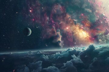 Wall Mural - Breathtaking Space Panorama with Nebula, Stars, and Distant Planet