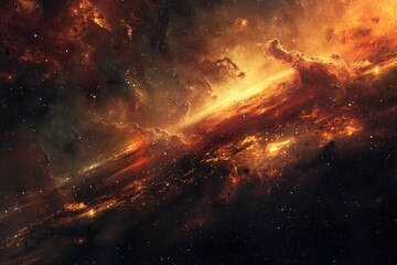 Wall Mural - Fiery orange and yellow nebula with glowing city lights beneath
