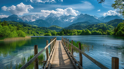 Wall Mural - Wooden bridge leading to the lake, forest and mountains in the background, blue sky with white clouds, clear water of a turquoise color