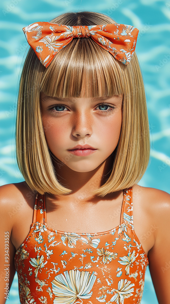 Cute child girl fashion model in a swimsuit. generative ai Stock Photo ...