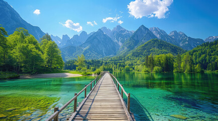 Wall Mural - Wooden bridge leading to the lake, forest and mountains in the background, blue sky with white clouds, clear water of a turquoise color