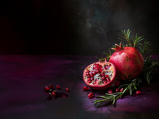 Wall Mural - Dark Background With Pomegranate and Fresh Rosemary