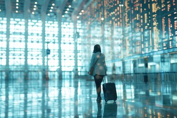 Poster - A flight attendant strolls alone in a sleek airport terminal, blending travel elegance with bustling ambiance during the evening hours. Generative AI