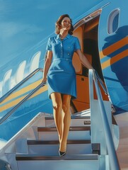 Poster - A cheerful flight attendant in a blue uniform gracefully steps down from an airplane, welcoming travelers with a bright smile. Generative AI