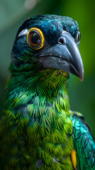 Amazon Emerald Toucanet face, showcasing its detailed feathers and beak