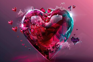 Wall Mural - A shattered red crystal heart glowing and surrounded by smaller hearts on a pink gradient background, symbolizing love and emotional complexity. ai