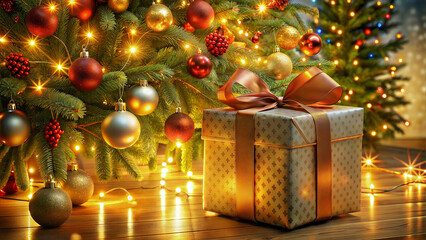 Christmas tree with colorful ornaments and festive mood, decorated gift box under the lights