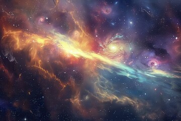 Wall Mural - Colorful and vibrant space painting with glowing stars and swirling nebulas.