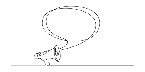 Poster - One continuous line drawing of loudspeaker alert with speech balloon. Megaphone speaker symbol of marketing promotion in simple linear style. Job offer concept editable stroke. Vector illustration