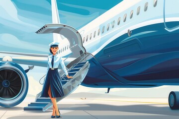 Aufkleber - A flight attendant stands on the steps of an airplane, welcoming passengers with a warm smile at the airport. Generative AI