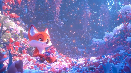 Sticker - Cute Cartoon Fox in a Field of Flowers with Magical Lights