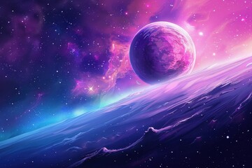 Wall Mural - Purple alien planet and blue moon in a colorful nebula