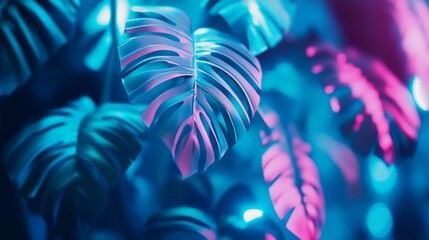 Wall Mural - Tropical plants illuminated by neon lights in a surreal indoor setting