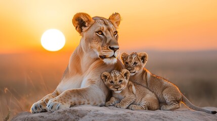 Sticker - Lioness with Cubs at Sunset in the African Savanna