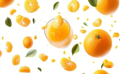 Wall Mural - Orange fruit smoothie juice in glass surround with orange flesh isolated on background, tropical summer drink.