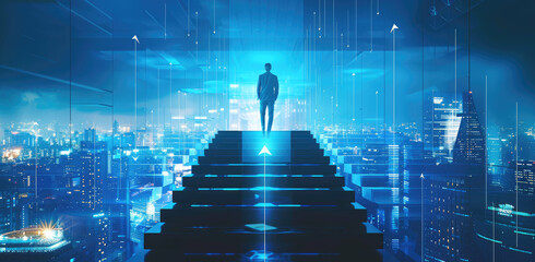 Wall Mural - Businessman standing on the stairs with a digital blue background of a cityscape and upward arrows, a concept for business success or growth