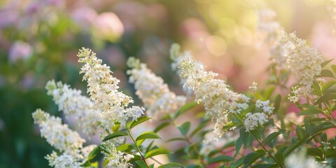 Poster - Spirea bush in full bloom in a spring garden Ornamental flowering plants for landscaping Soft focus with space for text