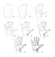 Wall Mural - Page shows how to learn to draw sketch of a human hand from life. Pencil drawing lessons. Educational tutorial for artists. Development of artistic skills. Hand drawn vector.