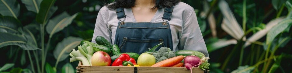 Poster - Asian female farmer carrying a wooden box basket brimming with fresh raw vegetables, featuring a diverse assortment of produce such as cabbage, carrots, cucumbers, radishes, apples, and pineapple.