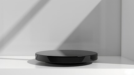 Poster - A black cylindrical platform sits on a white shelf against a white wall with shadows.