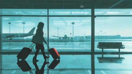 Poster - The flight attendant carries red suitcases while navigating the airport terminal, with airplanes visible through large windows. Generative AI