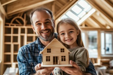 Father and daughter proudly holding a wooden house model.