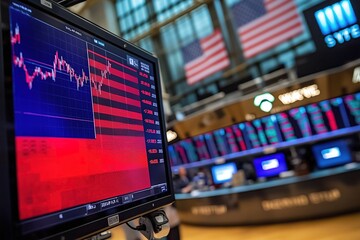 Stock market trading screen displaying a sharp decline in share prices, with American flags and electronic displays visible in the background of a trading floor.