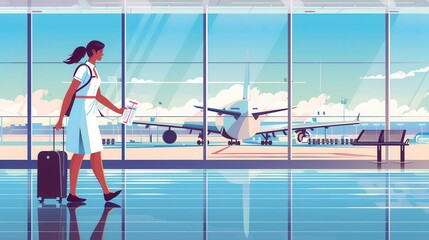 Aufkleber - A flight attendant is seen walking with luggage, preparing for the next flight, as an airplane waits outside the terminal window. Generative AI