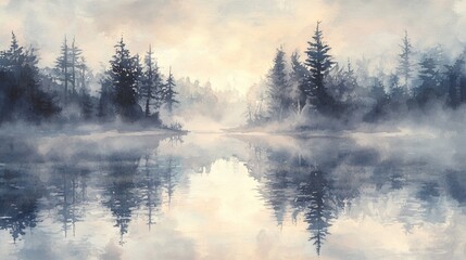  Watercolor illustration of a crystal clear lake shrouded in fog during sunrise Reflective symmetry on the water creates a natural mirror featuring dark tree silhouettes An epic cloudscape enhances