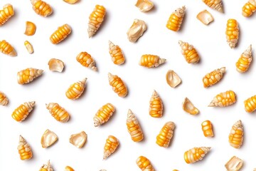 Wall Mural - Agricultural crop product of corn seeds, top view isolated on white background.