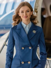 Aufkleber - The flight attendant smiles warmly while standing at the airplane door, ready to assist passengers as they board for their journey. Generative AI