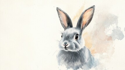 Wall Mural - Watercolor illustration of a grey rabbit on a hand painted white background