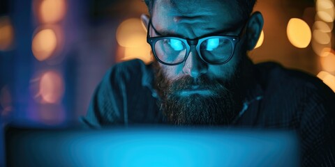 Man viewing laptop display with a solemn look, coming to the realization that he has been deceived in the evening.