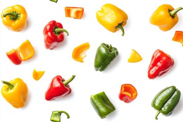 Wall Mural - Isolated green, yellow, and red bell peppers falling on a white background, a mix of whole and sliced peppers.