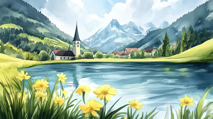 Wall Mural - a hand drawn image of a switzerland landscape