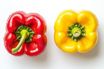 A mix of colorful bell peppers flying in the air isolated on a white background for seasonings or garnishings.