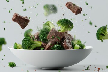 Canvas Print - A mixed meat cube salad on a white plate with vegetables falling in the air on the background, including broccoli, peppers, and chili.