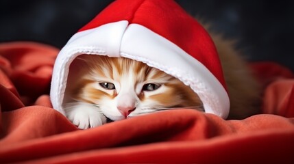 festive surprise kitten with santa hat under christmas tree for new year s gift