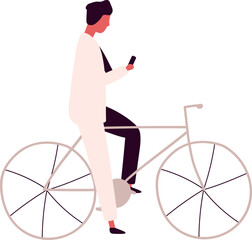 Sticker - Focused man using smartphone sitting on bicycle vector flat illustration. Busy male in black and white suit holding mobile riding on bike isolated on white. Active person ride on pedal transport.