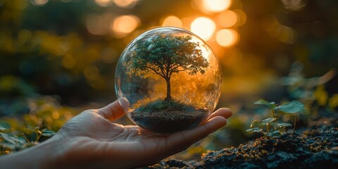 A hand holds a glass sphere with a tree on a forest background, an environmental concept for Earth Day.