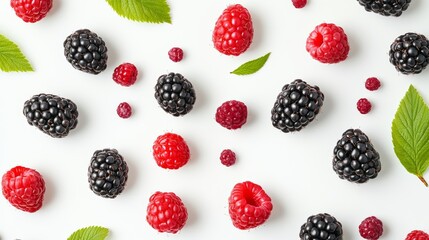 Wall Mural - Mixed berries with raspberry, blueberry, and blackberry from top view isolated on background, delicious fruit for garnishing deserts or foods.